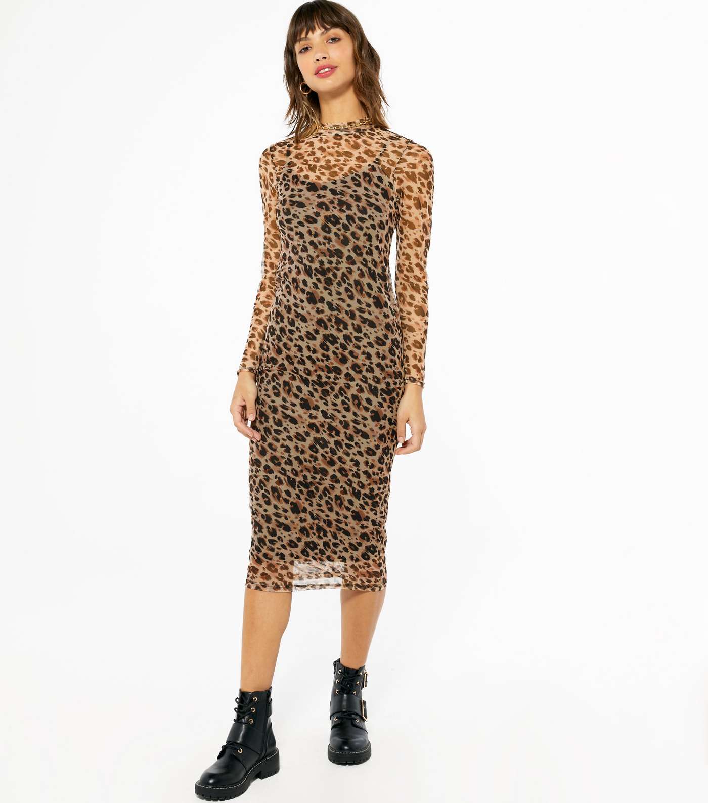 Brown Leopard Print Mesh Bodycon Midi Dress  Image 2