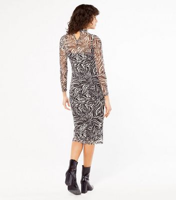Image of Black Zebra Print Mesh Midi Dress New Look