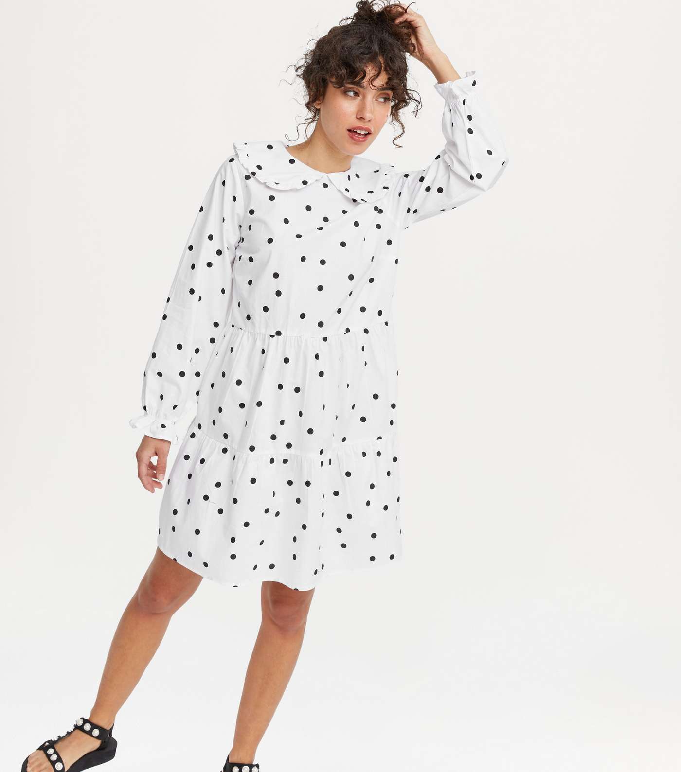 White Spot Frill Collar Tiered Smock Dress 