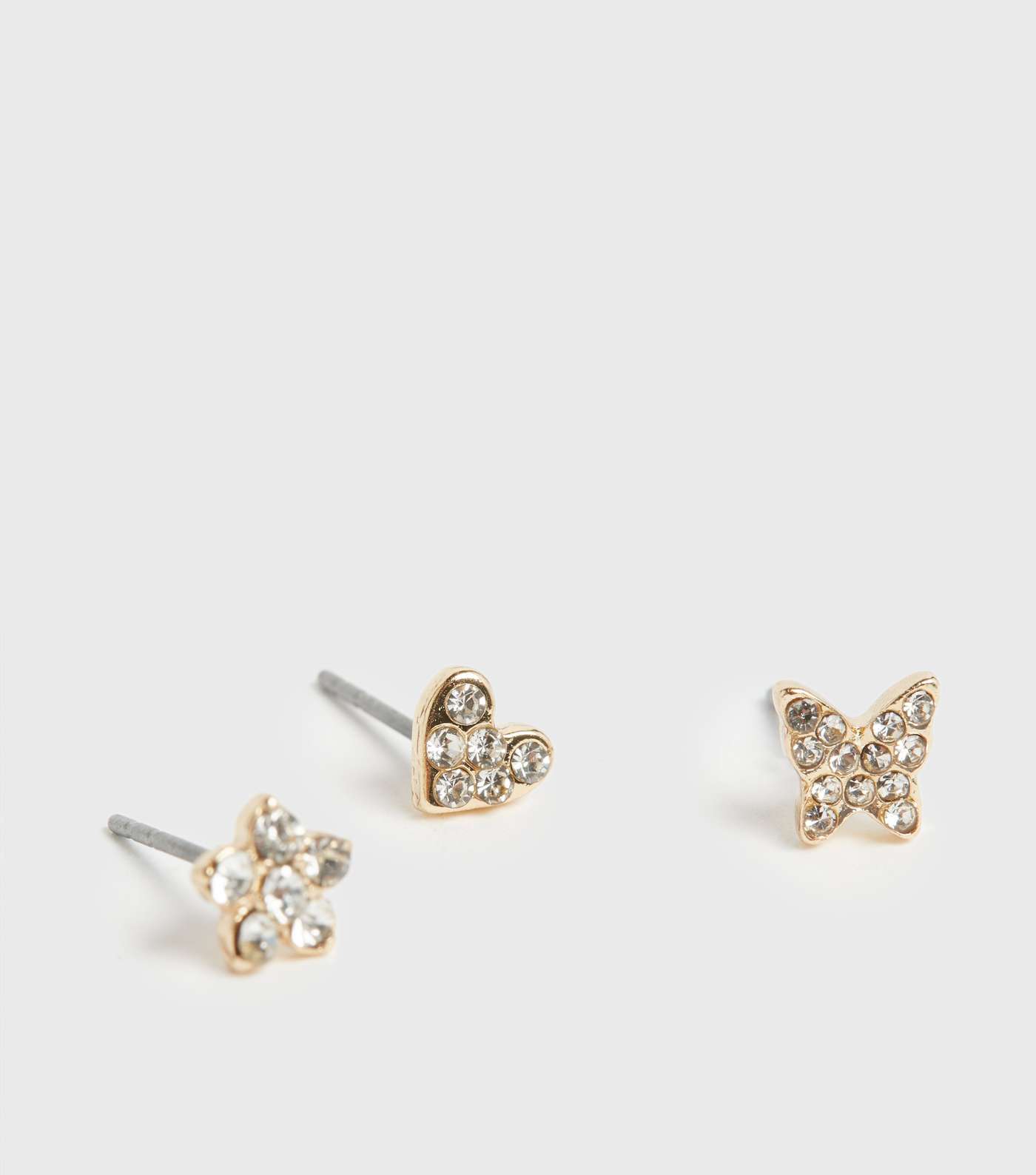 3 Pack Gold Heart Butterfly and Flower Stud Earrings Image 2