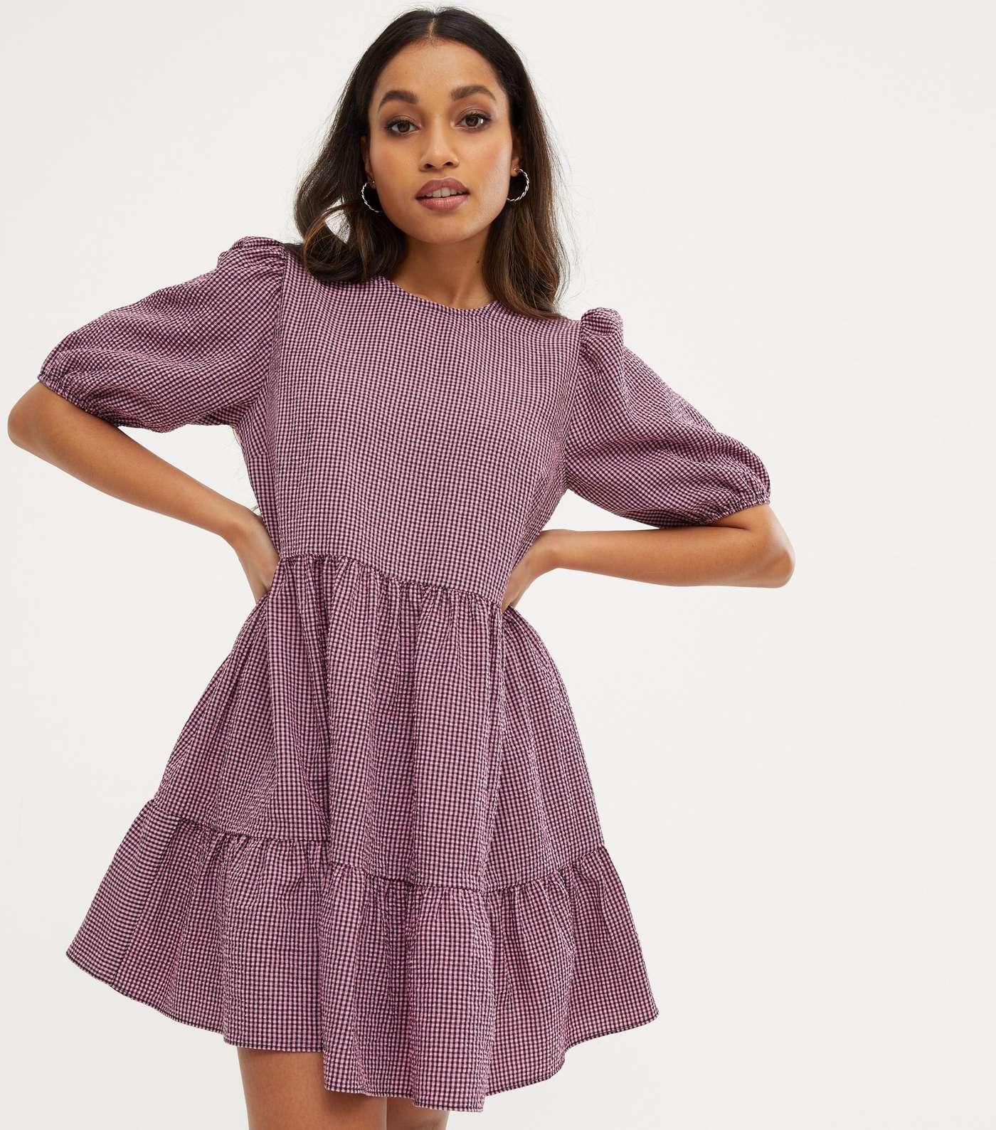 Petite Pink Gingham Puff Sleeve Tiered Smock Dress
