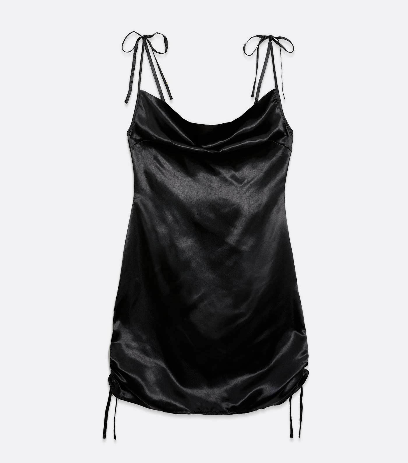 Black Satin Ruched Tie Strap Mini Dress Image 5