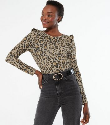 Brown Leopard Print Frill Fine Knit Top | New Look