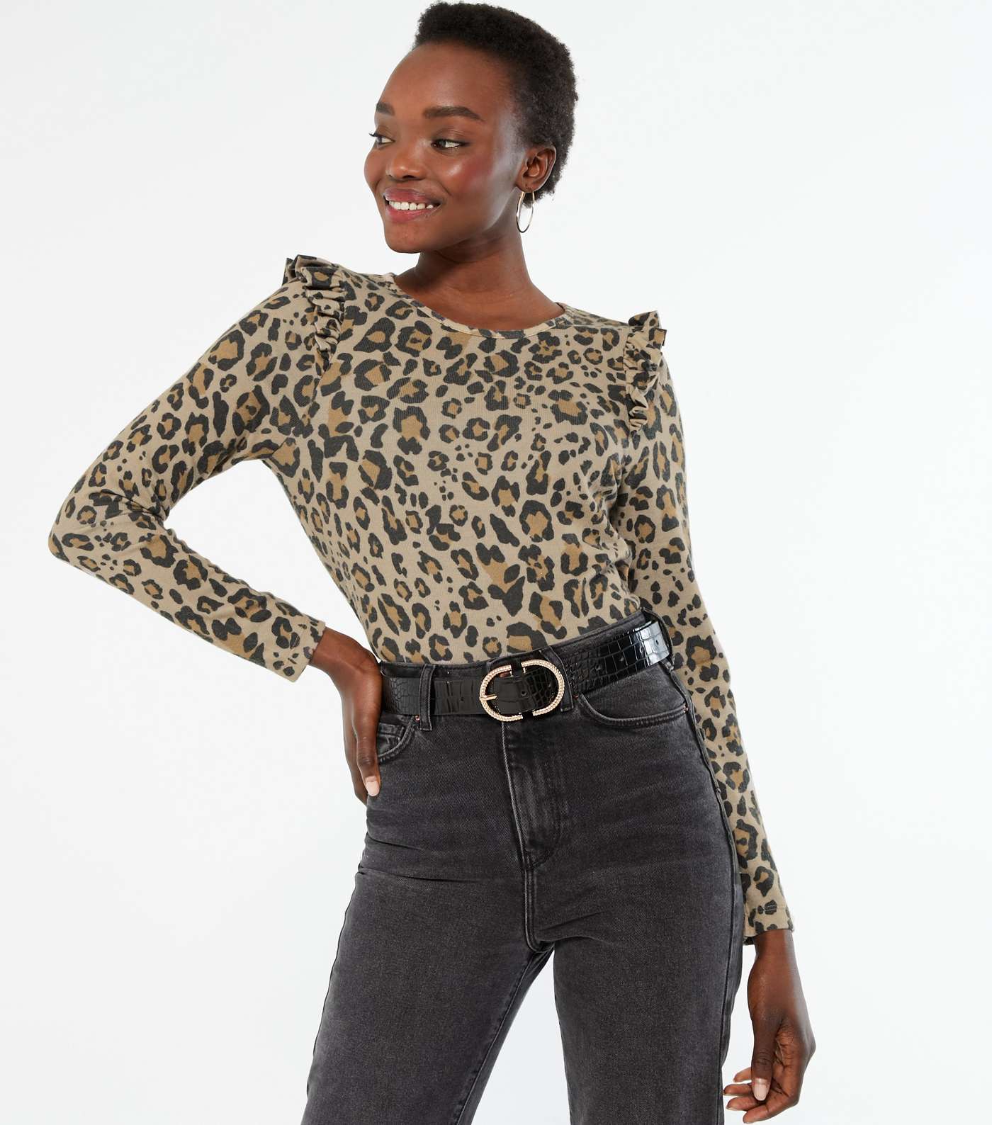 Brown Leopard Print Frill Fine Knit Top 