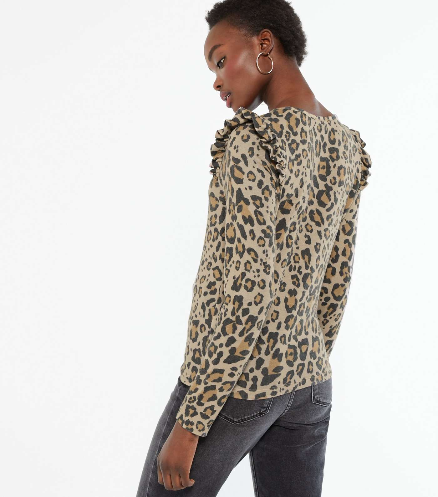 Brown Leopard Print Frill Fine Knit Top  Image 3