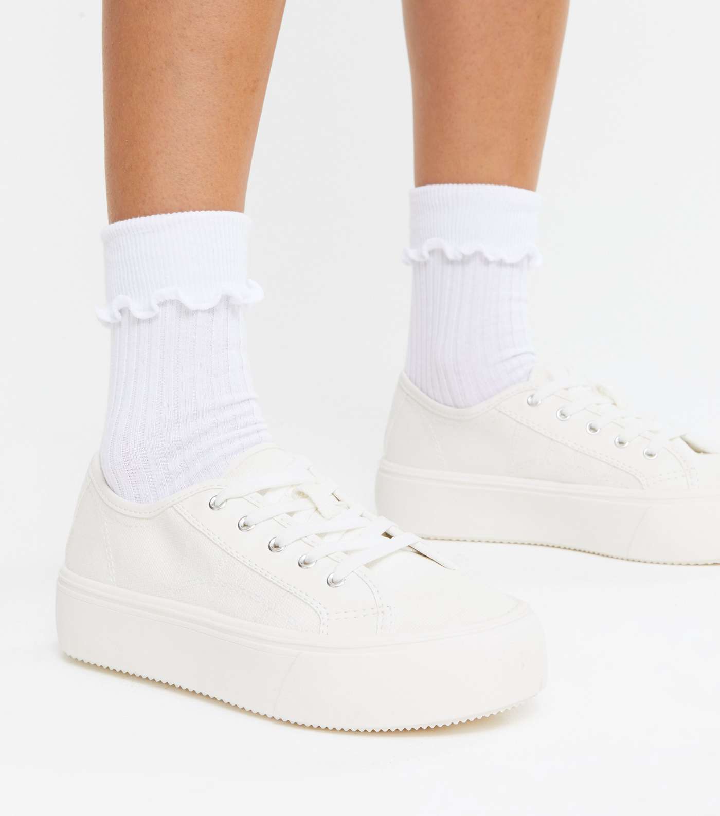 White Lace Up Flatform Trainers Image 2