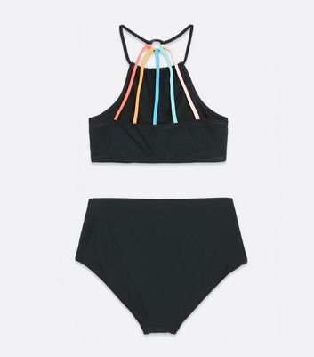 black swimsuit with rainbow straps