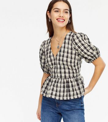 Petite Off White Check Peplum Blouse 