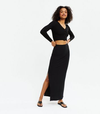 Noisy May Black Ribbed Split Hem Maxi Skirt | New Look