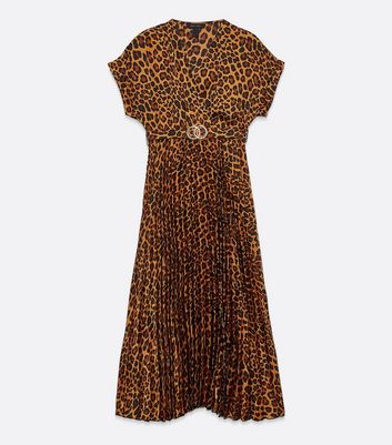Image of Brown Pleated Satin Leopard Print Belted Midi Dress New Look