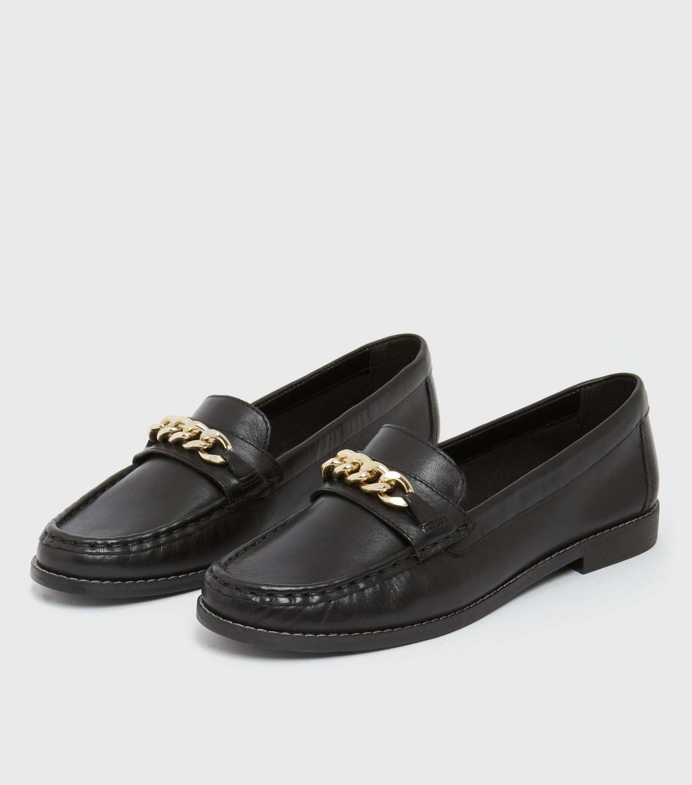 Black Leather Chunky Chain Trim Loafers