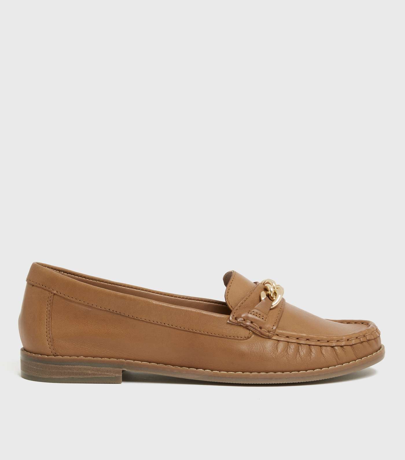 Tan Leather Chain Trim Loafers