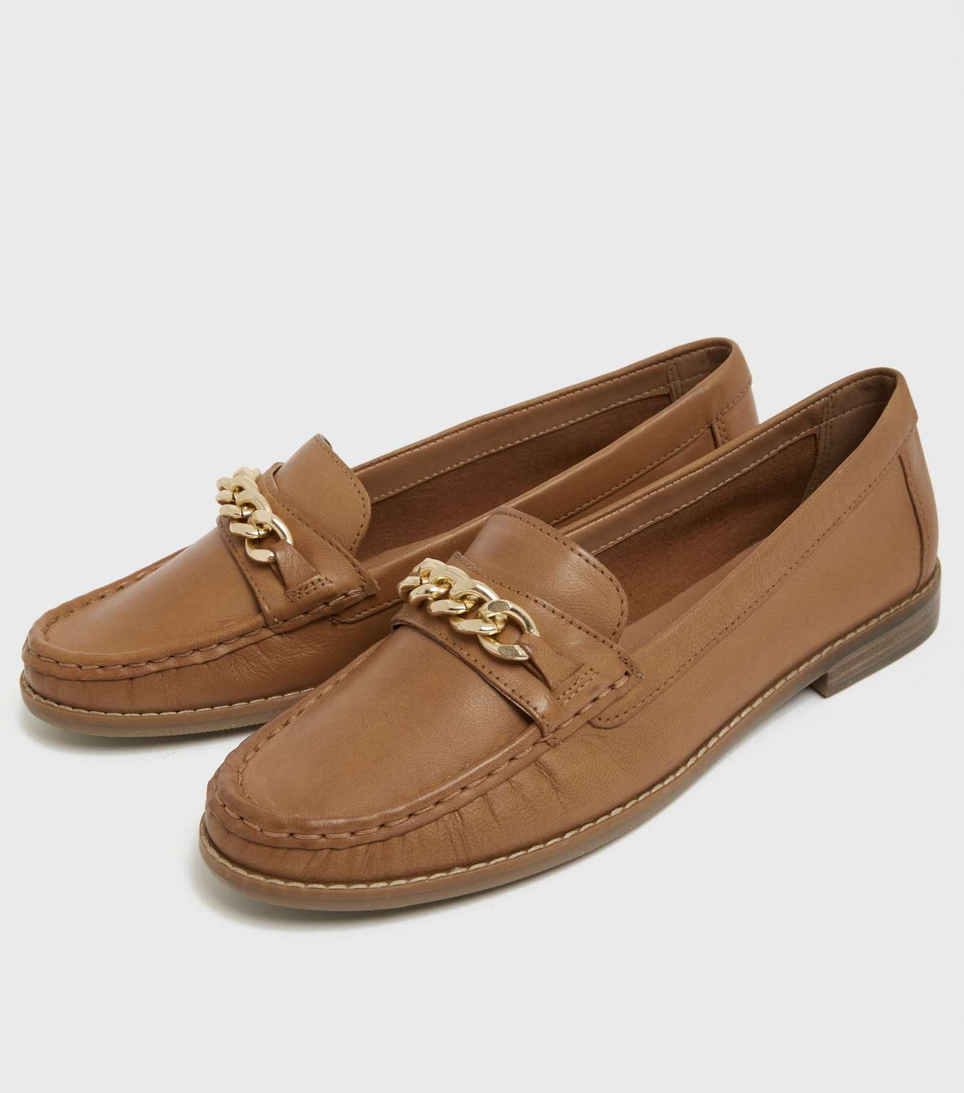 Tan Leather Chain Trim Loafers Image 3