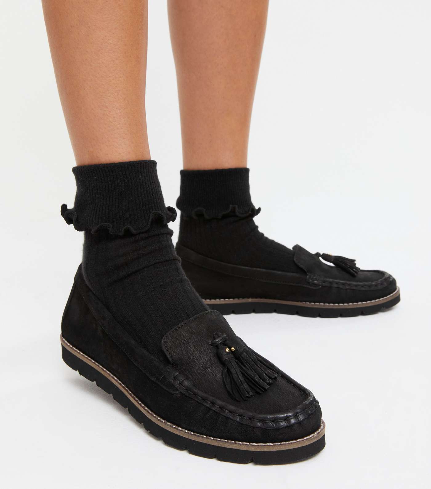 Black Leather Tassel Flexible Sole Loafers Image 2