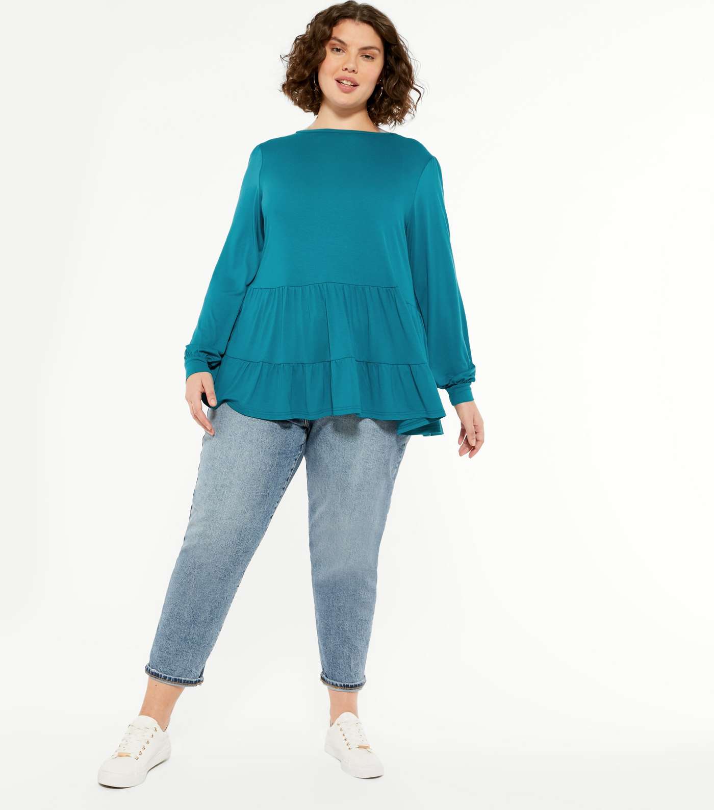 Curves Turquoise Tiered Hem Puff Sleeve Top Image 2
