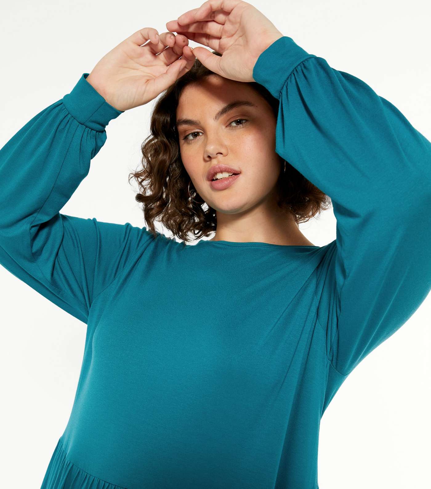 Curves Turquoise Tiered Hem Puff Sleeve Top Image 4