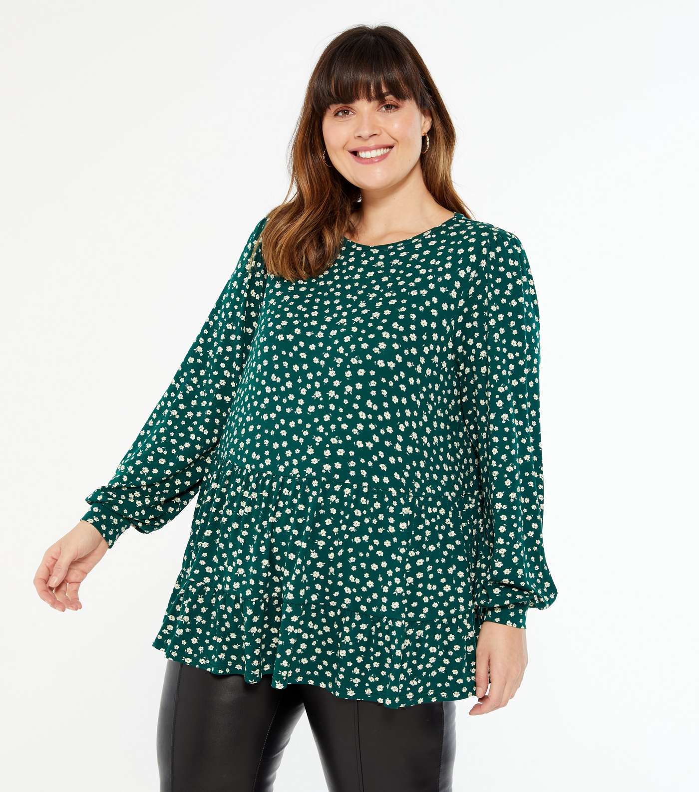 Curves Green Ditsy Floral Tiered Hem Puff Sleeve Top