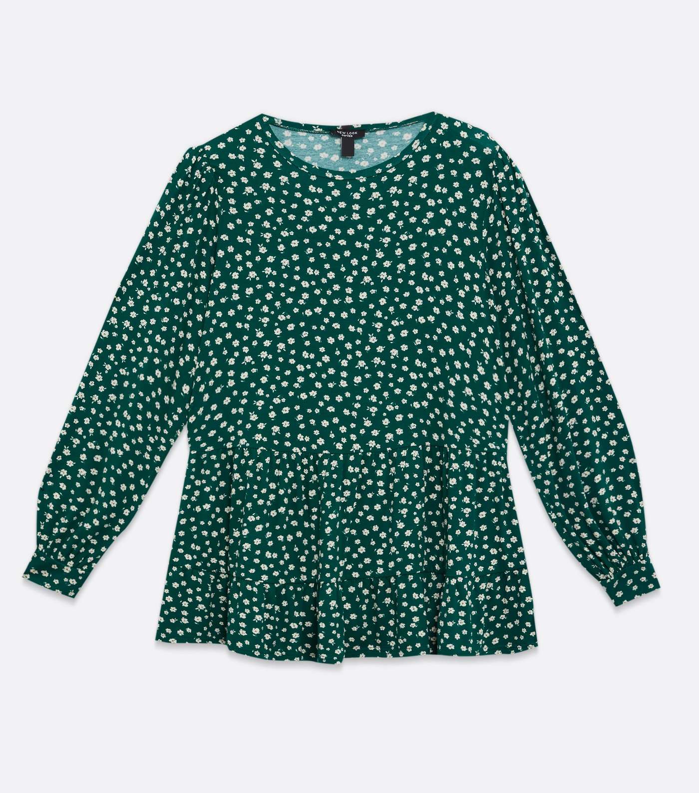 Curves Green Ditsy Floral Tiered Hem Puff Sleeve Top Image 5