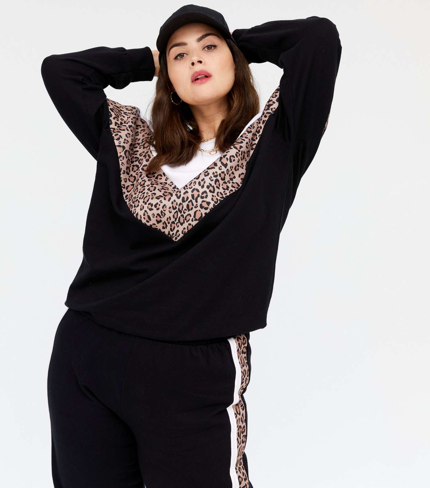 Curves Black Leopard Print Colour Block Sweatshirt