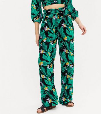 Green Tropical Tie Waist Beach Trousers 