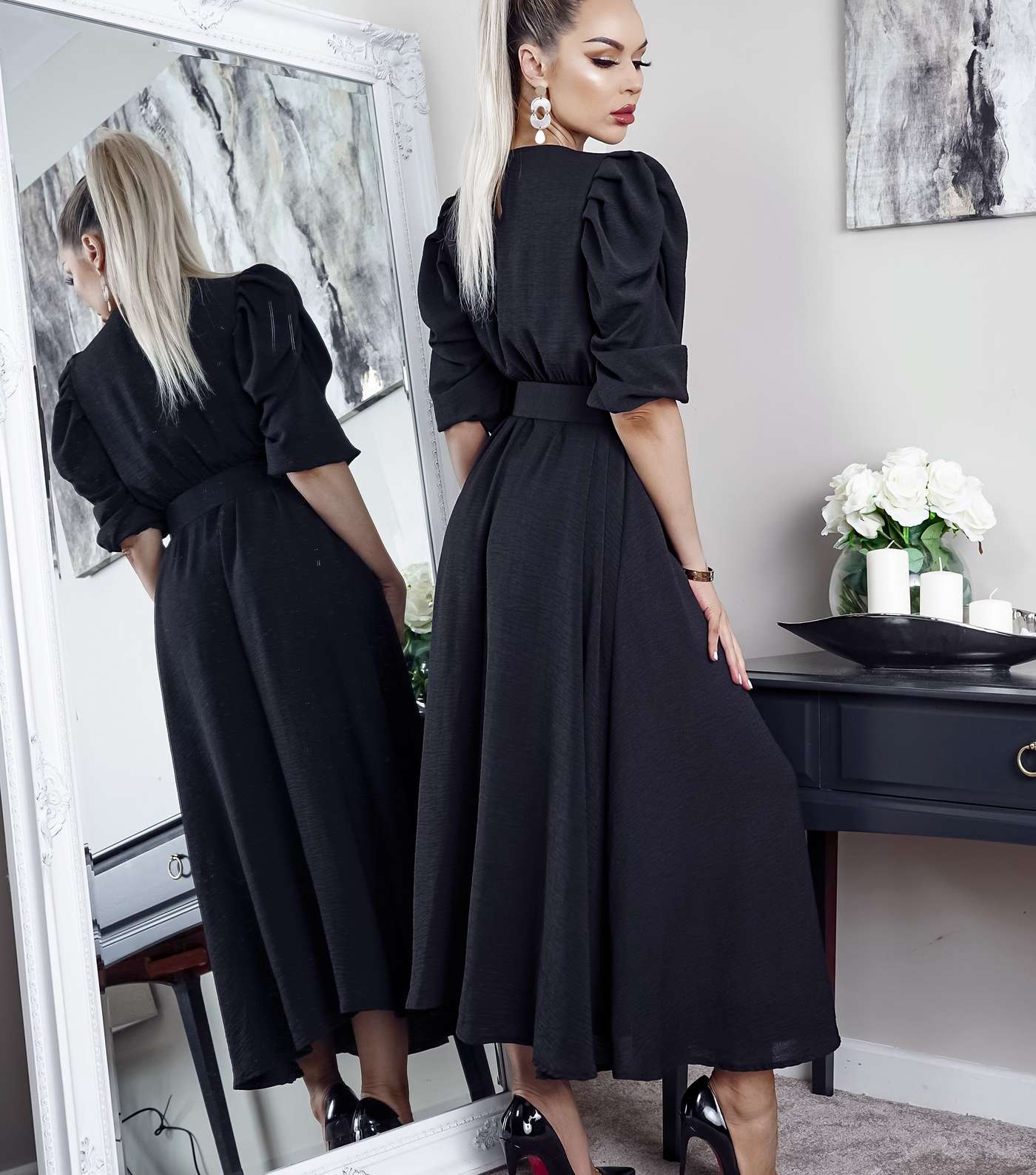 Missfiga Black Puff Sleeve Belted Maxi Dress  Image 3