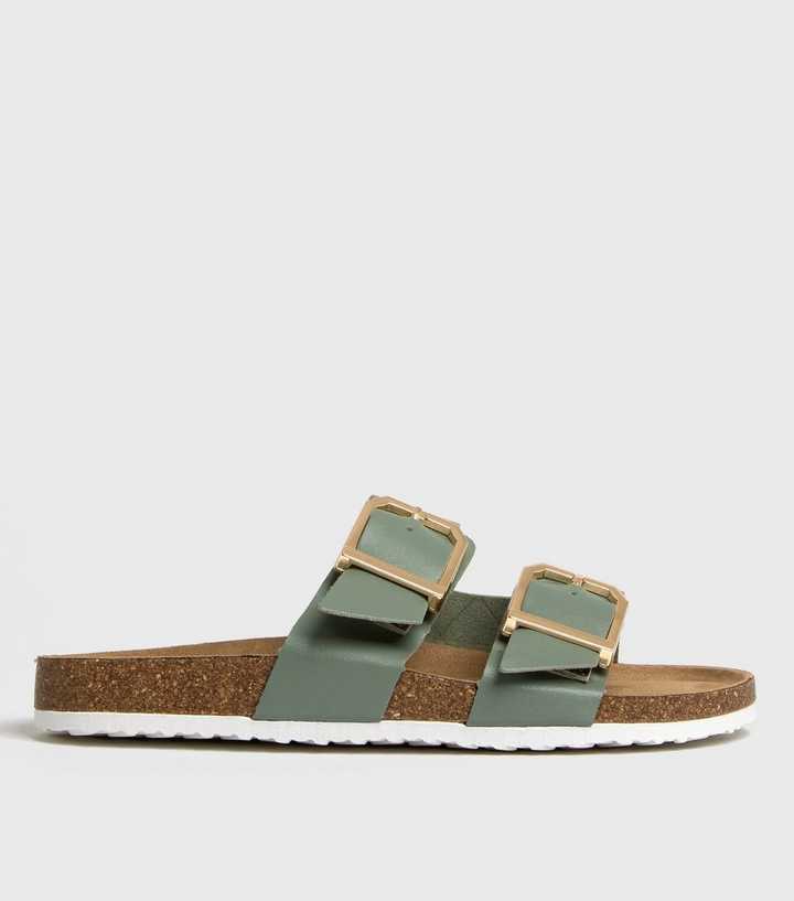 Olive Double Buckle Footbed Sliders