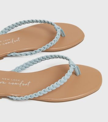 Pale Blue Leather-Look Plaited Flip Flops | New Look