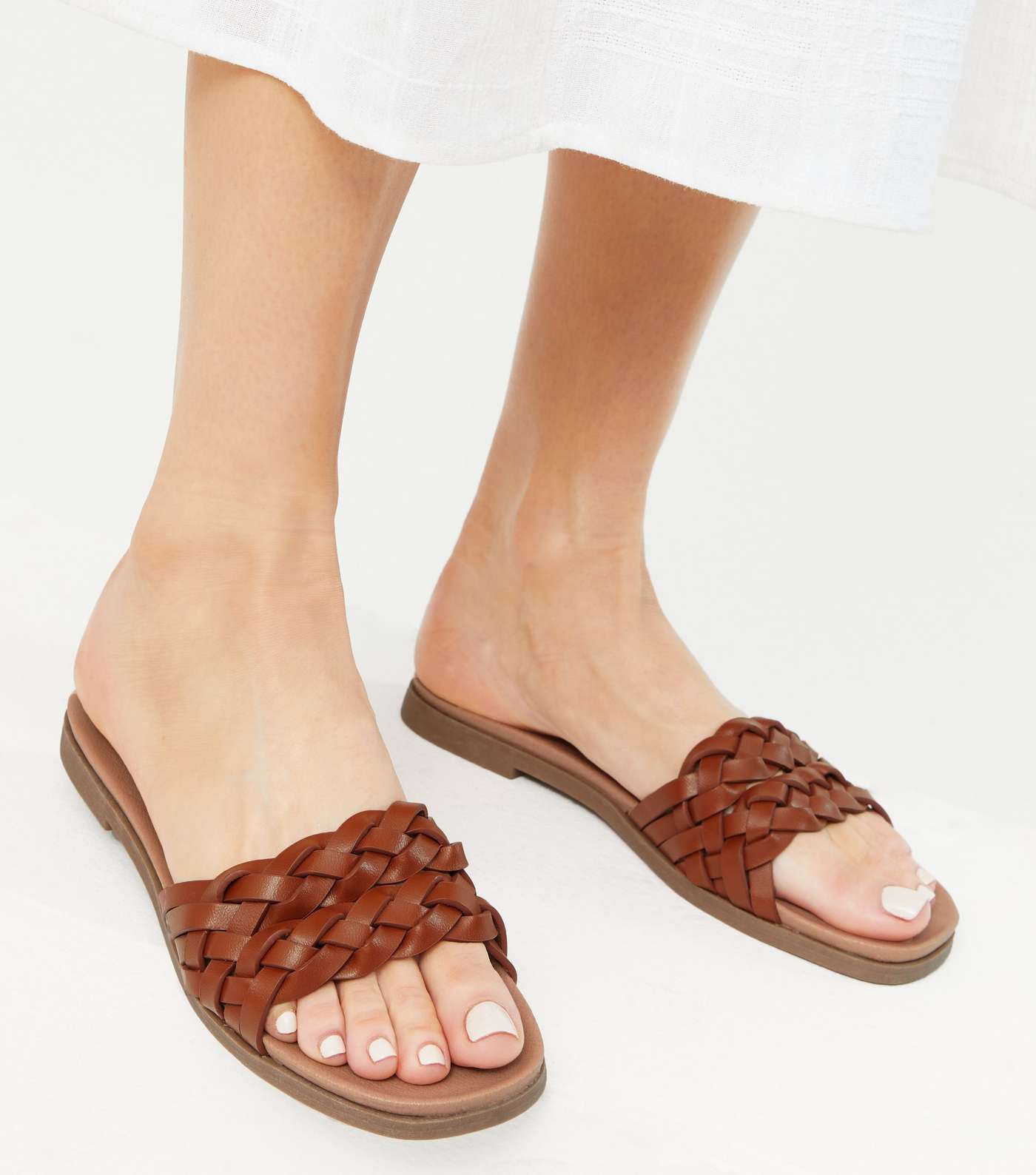 Wide Fit Tan Woven Strap Sliders  Image 2