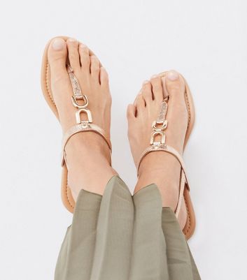 Rose Gold Chain Trim Strappy Flat Sandals New Look