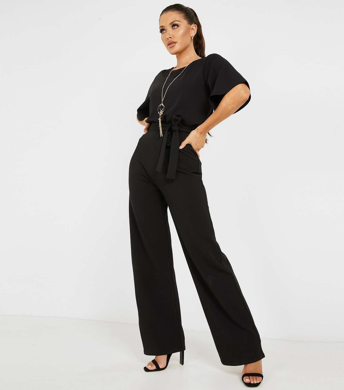 QUIZ Black Belted Jumpsuit with Necklace Image 2