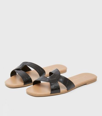 Click to view product details and reviews for Black Faux Croc Twist Strap Sliders New Look Vegan.