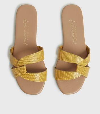 Mustard Faux Croc Twist Strap Sliders | New Look