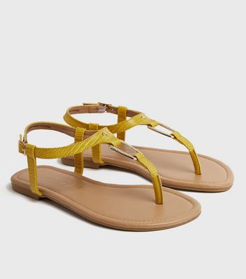 Wide Fit Mustard Faux Croc Metal Trim Flat Sandals New Look Vegan