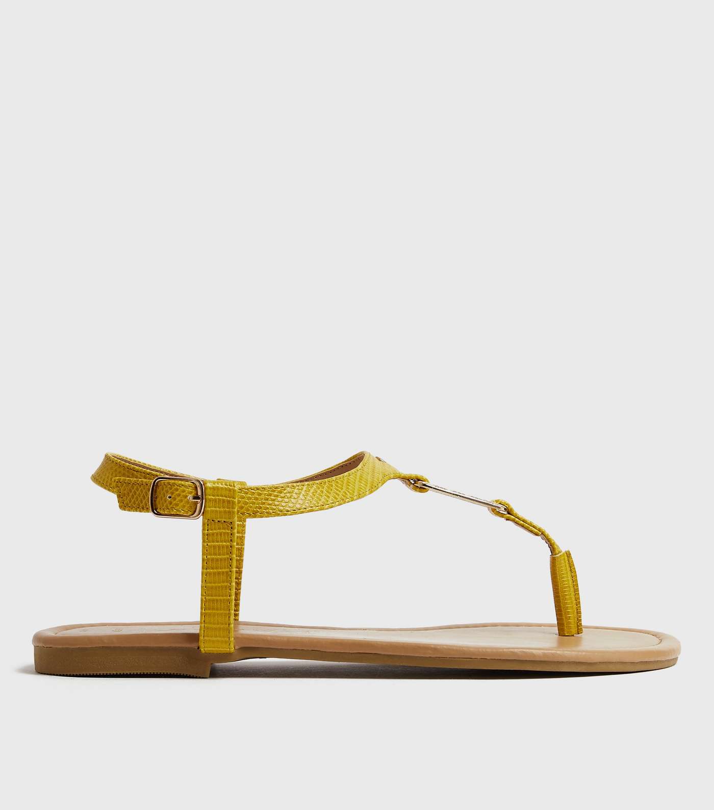 Wide Fit Mustard Faux Croc Metal Trim Flat Sandals Image 4
