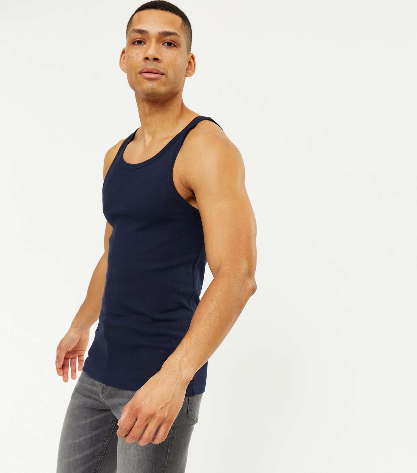Navy Ribbed Jersey Muscle Fit Vest