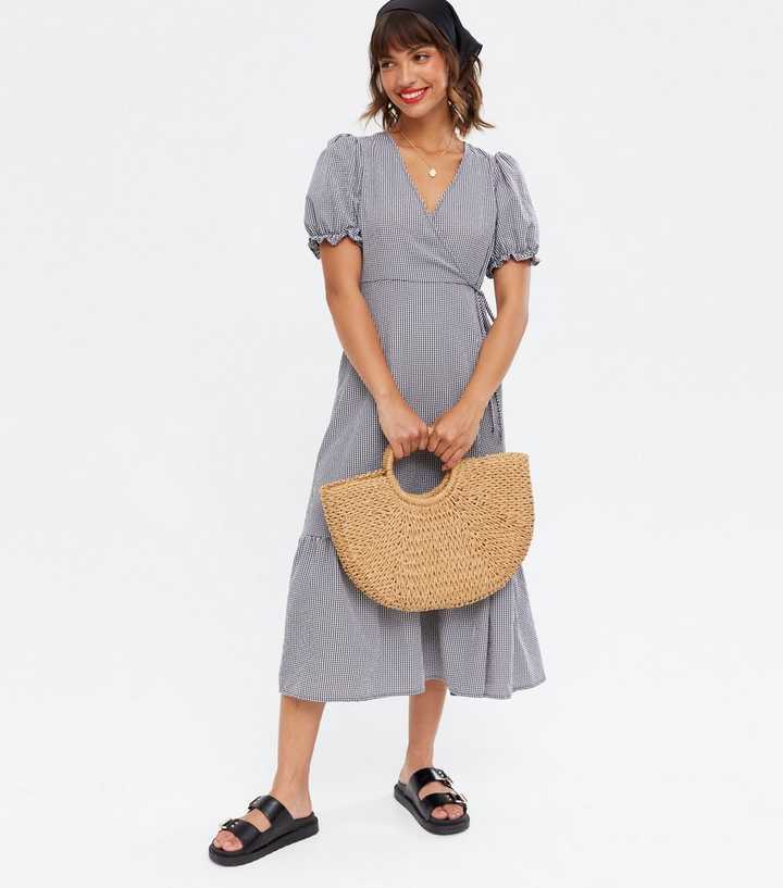 Black Gingham Tiered Wrap Midi Dress