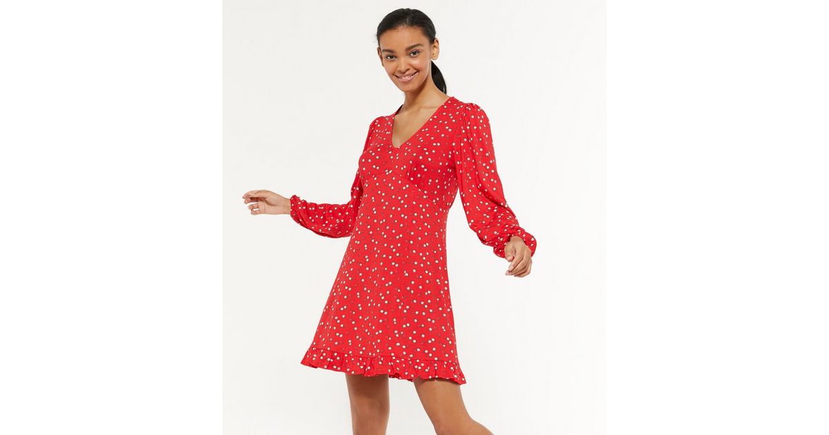 Red Ditsy Floral Long Sleeve Tea Dress | New Look
