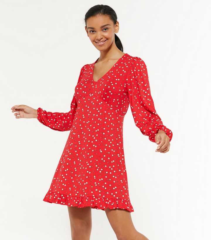 Red Ditsy Floral Long Sleeve Tea Dress | New Look
