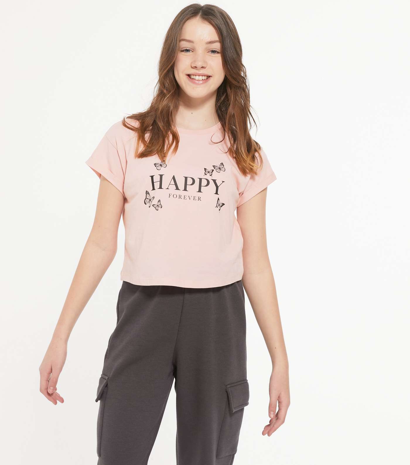 Girls Pale Pink Happy Forever Butterfly Logo T-Shirt