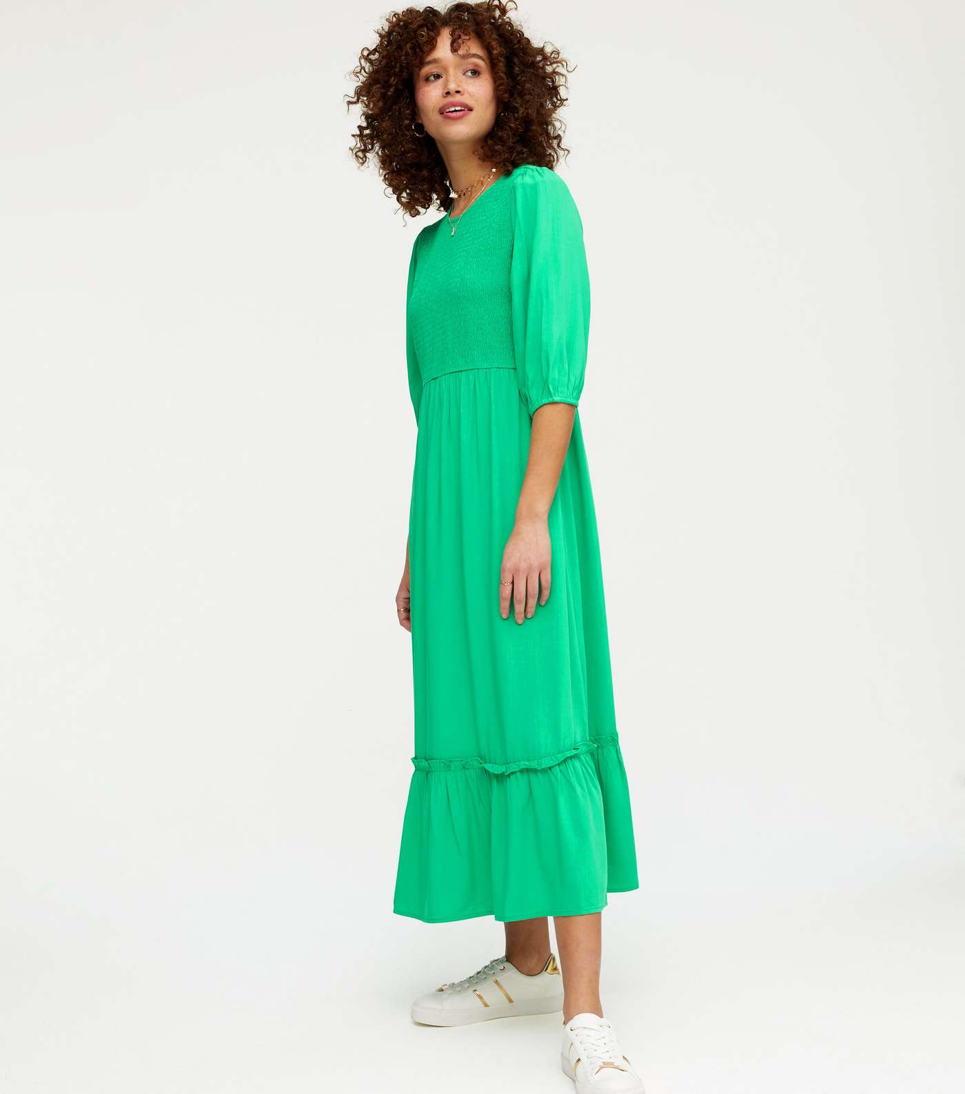 Green Shirred Frill Hem Midi Dress Image 2