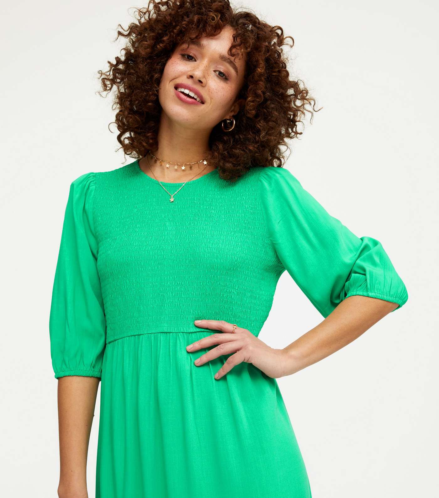 Green Shirred Frill Hem Midi Dress Image 4