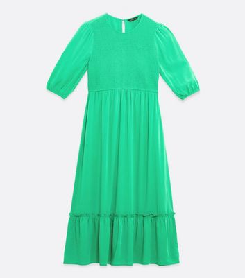 green shirred midi dress