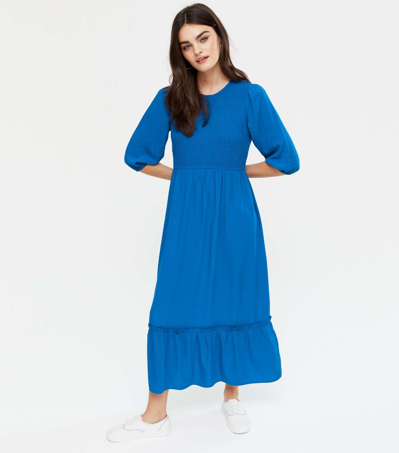 Blue Shirred Frill Hem Midi Dress