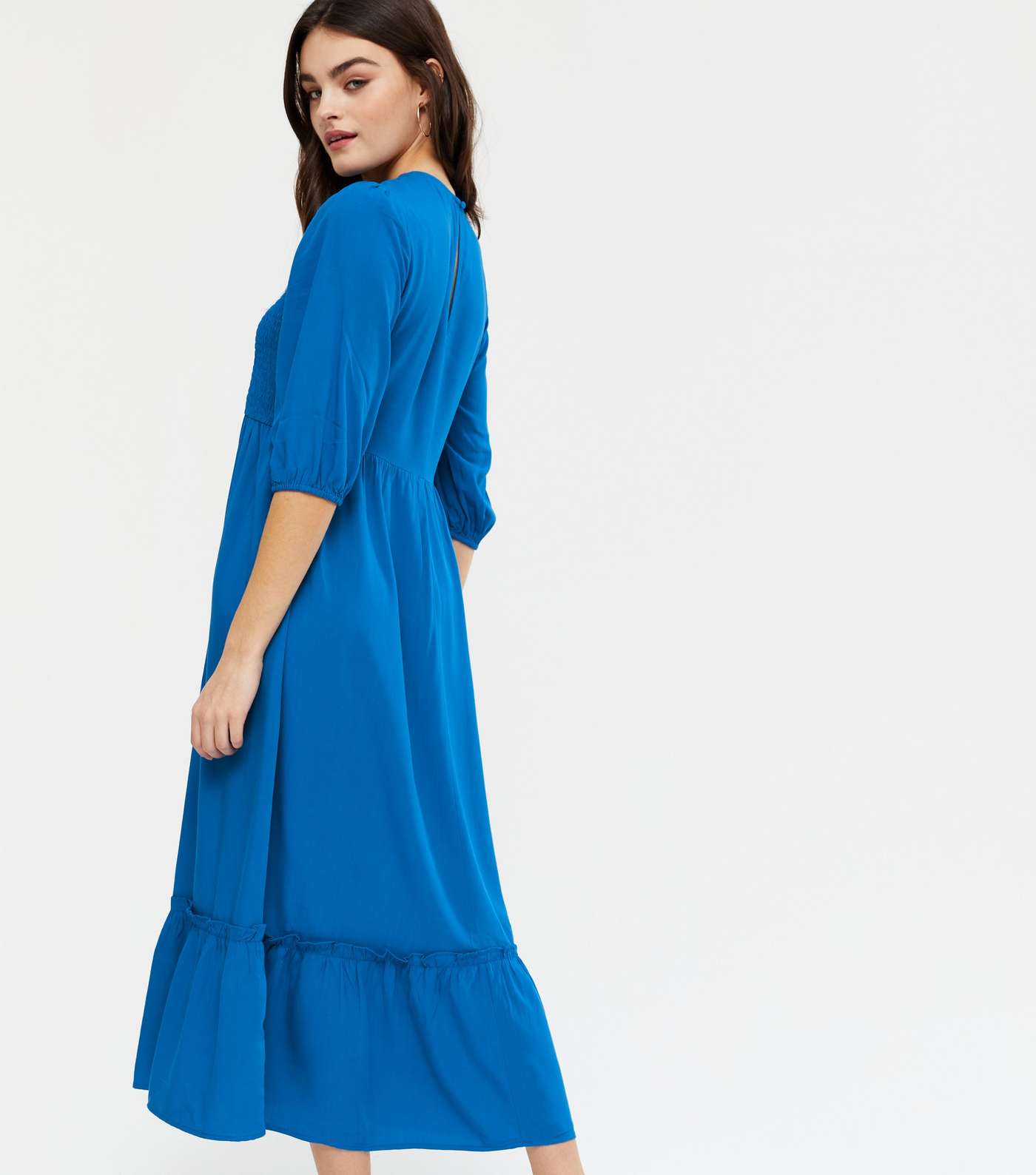 Blue Shirred Frill Hem Midi Dress Image 3
