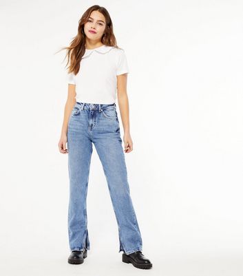 Petite Blue Full Length Split Hem Anica Straight Leg Jeans | New Look