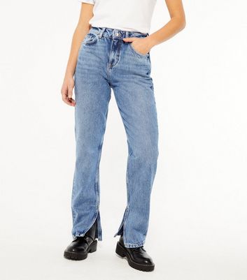 Petite Blue Full Length Split Hem Anica Straight Leg Jeans | New Look