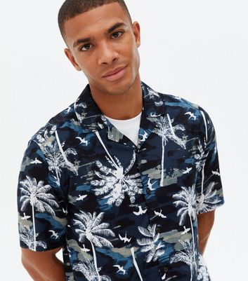 M&Co Boys Navy Palm Print Shirt with Collar Short Sleeves Button Front 