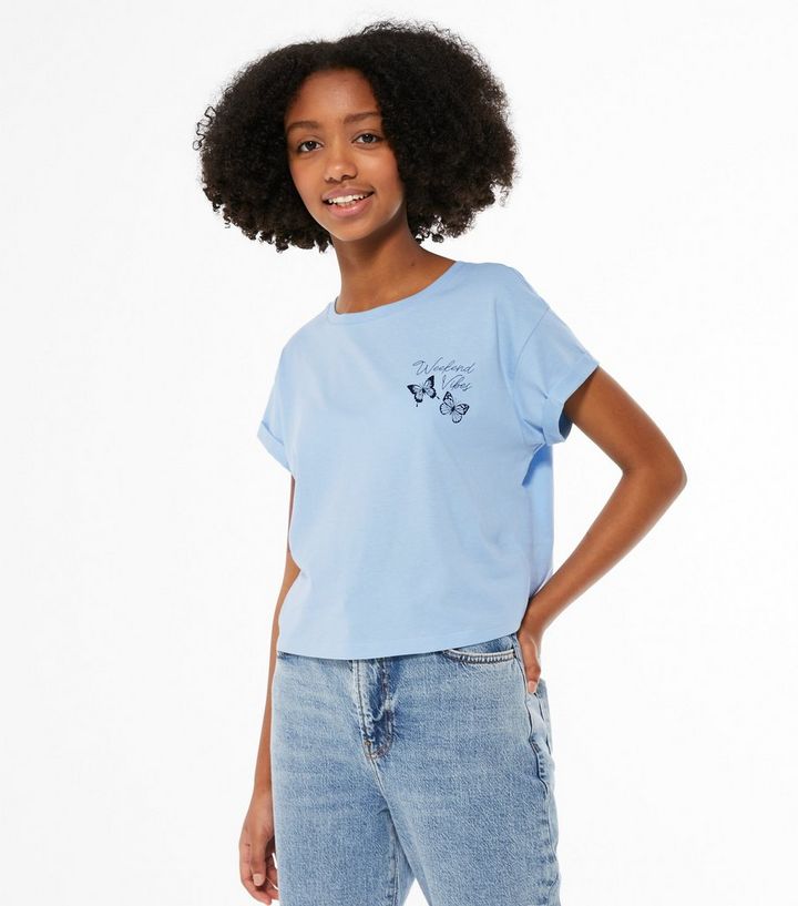 Girls Pale Blue Butterfly Weekend Vibes Logo T-Shirt | New Look