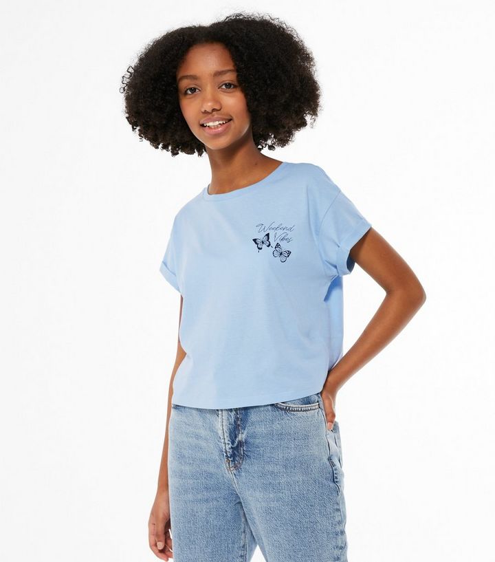 Girls Pale Blue Butterfly Weekend Vibes Logo T-Shirt | New Look Girls Pale Blue Butterfly Weekend Vibes Logo T-Shirt | New Look