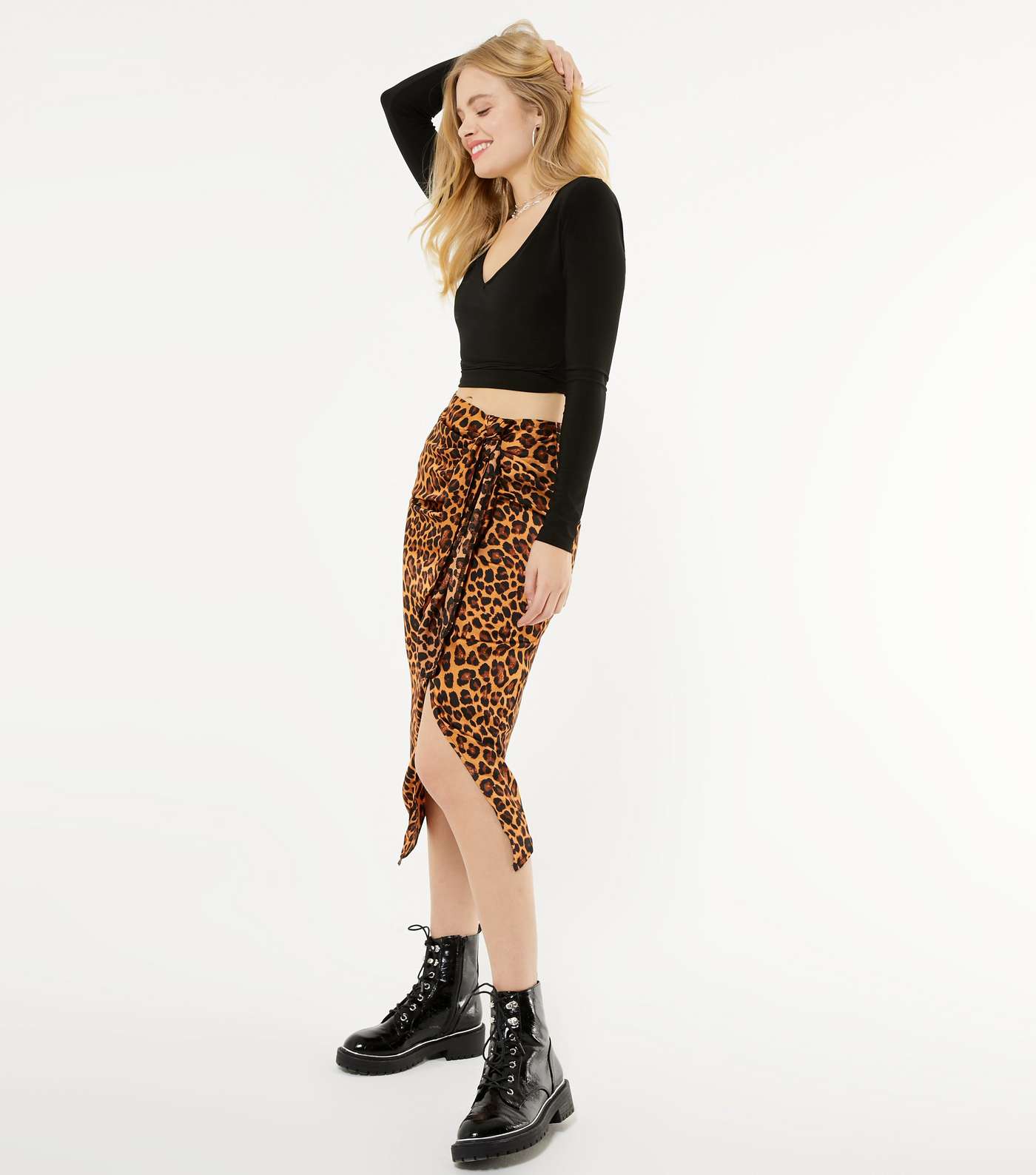 Brown Leopard Print Satin Knot Midi Skirt 